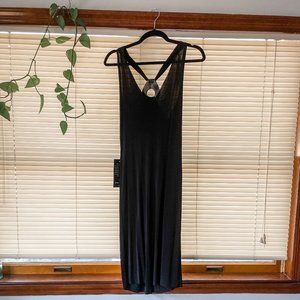 BEBE (NWT) - Black Midi Slip-On Shift Dress w/ Leather Back Detail